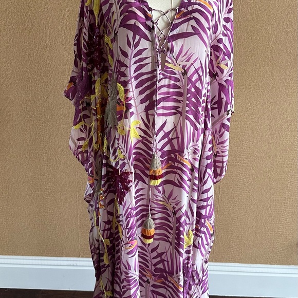 Taj by Sabrina Crippa Beautiful Beaded Lilac Palm Leaf Silk Kaftan -NWT - Picture 12 of 16